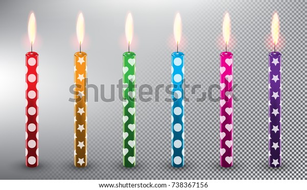 Set of 6 vector candles.\
Birthday cake candles. Realistic and isolated with transparent\
burning flame and shadow on the white background. Vector\
illustration. Eps10.