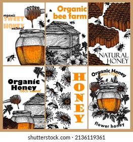 Set of 6 vector card templates in engraving style. Graphic linear beehive, honeycomb, honey jar and honey dipper, flowers of clover, chamomile, rose hips, bees