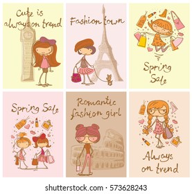 Set of 6 Vector cards with cute fashion girls and trendy hand drawn texts