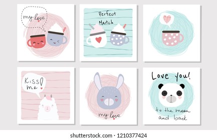 Set of 6 vector cards in Valentine Day theme with animals, cups and lettering. Perfect for greeting cards, postcards, tags, etc.