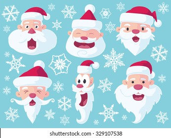 A set of 6 vector cartoon Santa Claus heads for Christmas - flat style. 