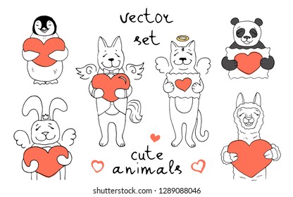 Set of 6 vector characters of different cute animals, on the theme of love with hearts and wings in coral and black colors on a white background. Great for gift tags, greeting cards and other designs