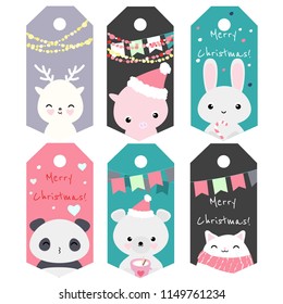 Set of 6 vector christmas tags with cute kawaii animals including pig, panda, deer, etc. Great idea for christmas gifts, greeting cards, etc.