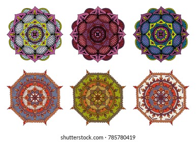 Set of 6 vector colorful hand drawn mandalas for logos, tattoos, patterns
