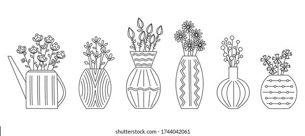 set of 6 vector contour different vases with flowers on a white background