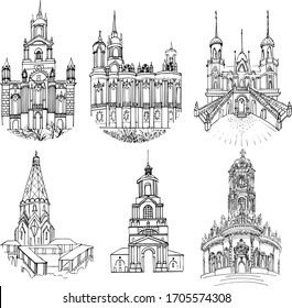 Conjunto de 6 dibujos vectoriales de la Iglesia Ortodoxa Rusa. Ilustraciones lineales en blanco y negro. Dibujado a mano. Pascua. Colección de arquitectura rusa. Estilo de esbozo retro. Aislado. 