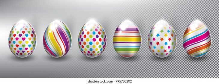 Set of 6 vector Easter Eggs. Easter decoration. Design elements for holiday cards. Isolated with transparent light and shadow on the light panel. Vector illustration. Eps10.