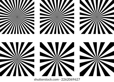 Set of 6 vector editable and scalable sunrays, Sunbeams, rays, sunbursts, psychedelic, Op art.
Use for Posters, Logos, Templates, Branding, Social Media. 6 variations for design use. EPS.  Isolated.
