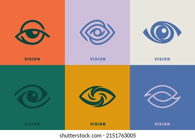 Set of 6 vector eye logos. sharp eyesight, creative vision, linear icons