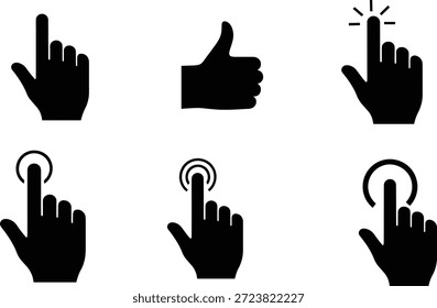 Conjunto de 6 iconos de silueta de cursores de mano de Vector Paquete para Elementos de diseño y ui