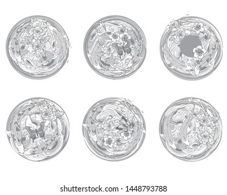 Set of 6 vector hand-drawn koi fish, peony, cherry blossoms and butterflies in a circle of water waves. For the background, the Japanese tattoo design.