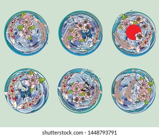 Set of 6 vector hand-drawn koi fish, peony, cherry blossoms and butterflies in a circle of water waves. For the background, the Japanese tattoo design.