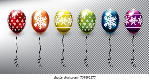 Set of 6 vector helium balloons. Inflatable air flying balloons. Christmas decoration. Design elements for holiday cards. Isolated and transparent on the light background. Vector illustration. Eps10.
