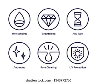 Set of 6 Vector Icon with Cosmetic Properties and Effects. Dark Blue.