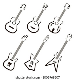 Set of 6 vector icons of black guitars on a white background