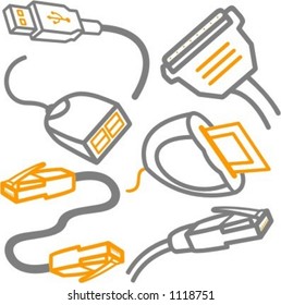 A set of 6 vector icons of computer cables and a card reader.