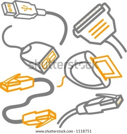 A set of 6 vector icons of computer cables and a card reader.