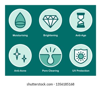 Set of 6 Vector Icons with Cosmetic Properties and Effects. 