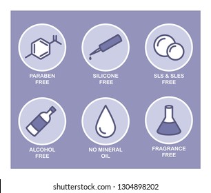 A set of 6 vector icons for cosmetics. Purple. Paraben, silicone, sls, sles, alcohol, mineral oil, fragrance. 