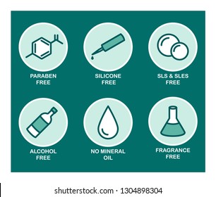 A set of 6 vector icons for cosmetics. Green. Paraben, silicone, sls, sles, alcohol, mineral oil, fragrance. 