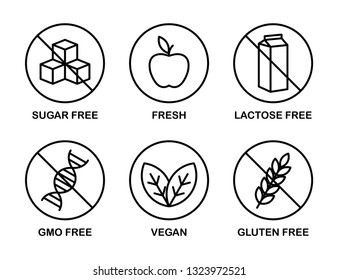 Set of 6 vector icons: Sugar Free, Gluten Free, Vegan, Lactose Free, GMO Free, Fresh. Black and white. 