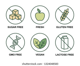 Set of 6 vector icons: Sugar Free, Gluten Free, Vegan, Lactose Free, GMO Free, Fresh. Green.  