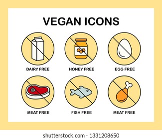 Set of 6 vector icons. Vegan: dairy/honey/egg/meat/fish free. 