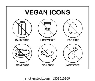 Set of 6 vector icons. Vegan: dairy/honey/egg/meat/fish free.  Black and white. 