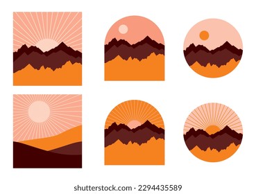 Set of 6 Vector Illustration with Mountain Landscapes. Mountains Silhouette and Setting Sun in Frames of Various Shapes ideal for Wall Art, Company Sign, Label, Emblem, Badge, Logo. No Text. 