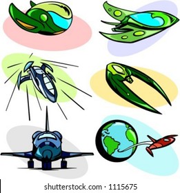 A set of 6 vector illustrations of alien spaceships and shuttles.