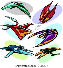 A set of 6 vector illustrations of alien spaceships.