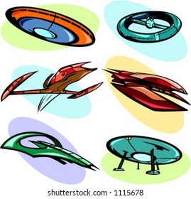 A set of 6 vector illustrations of alien spaceships.