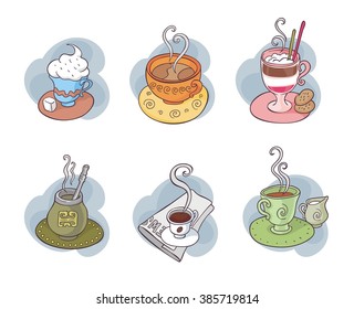 Set of 6 vector illustrations of coffee and tea