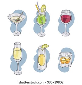 Set of 6 vector illustrations of drinks and cockails