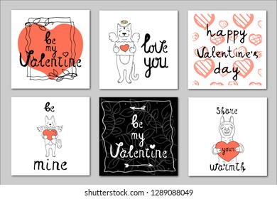 Set of 6 vector illustrations on the theme of Valentine's Day with hearts, cute animals and lettering in coral and black colors on a white background. Great for gift tags and greeting cards