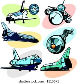 A set of 6 vector illustrations of space shuttles and station.