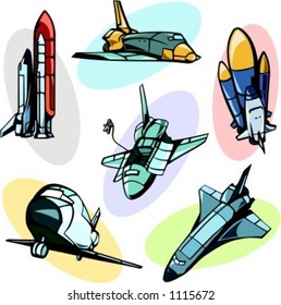 A set of 6 vector illustrations of space shuttles and station.