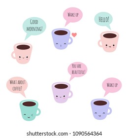 Set of 6 vector kawaii coffee cups with funny faces and phrases, good for bullet journal, stickers, scrapbooking, patches, etc.