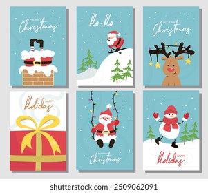 Conjunto de 6 Navidades de Vector y tarjeta de felicitación de Días festivos felices con lindo Santa Claus, ciervos y muñeco de nieve. 