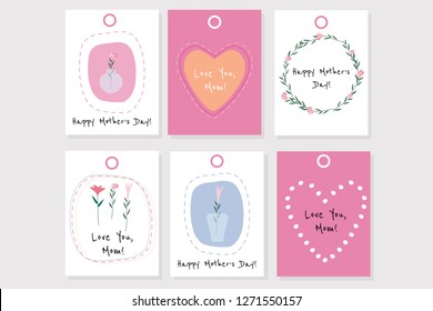 Set of 6 vector Mother's day gift tags with hearts, flowers and words.