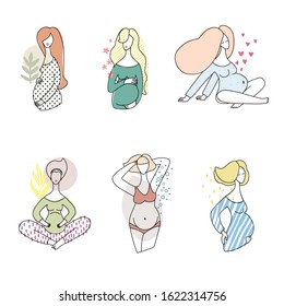 Set of 6 vector pregnant women in different poses, pop art style