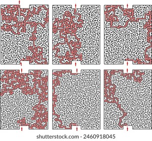 Set of 6 vector rectangular labyrinths with rectangular cell. Mazes of high complexity with solution - red passing route. Black and white complex riddles with high level of difficulty