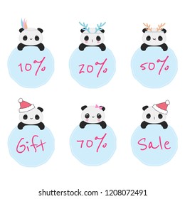 Set of 6 vector sale badges with kawaii panda bears and discounts. Simple flat style. Perfect for tags, stickers, etc.