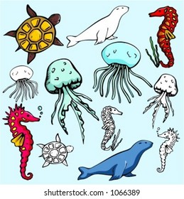 A set of 6 vector seal, sea-horse, jellyfish and turtle illustrations.