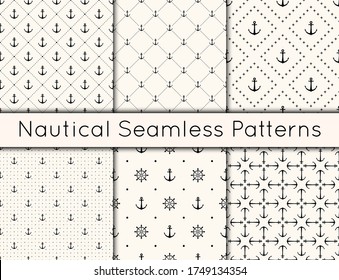 Set of 6 vector seamless geometric pattern with anchors, steering wheel and polka dot. Nautical background in minimalistic style. Vintage maritime backdrop for texture, paper, card, textile.