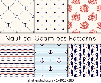 Set of 6 vector seamless nautical patterns with anchors, sea horses, corals, hearts, wavy lines and polka dot. Vintage maritime collection of backgrounds in minimalistic style.