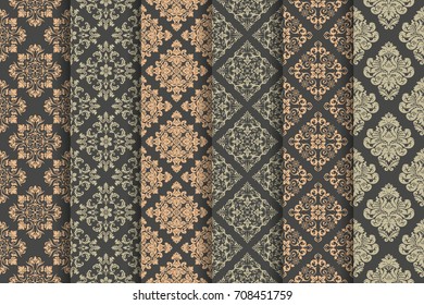 Set of 6 vector seamless patterns. Luxury elegant textures of baroque style. Regularly repeating abstract seamless wallpapers. Can be used as background, fabric textile print, wrapping paper and more