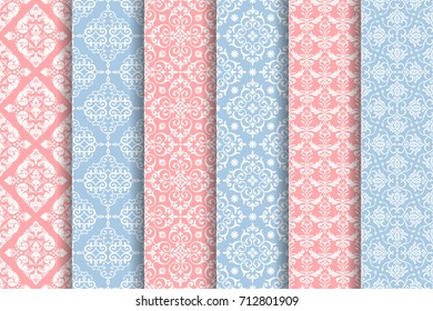 Set of 6 vector seamless patterns. Luxury elegant textures of baroque style. Regularly repeating abstract seamless wallpapers. Can be used as background, fabric textile print, wrapping paper and more