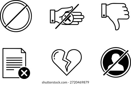 A set of 6 vector silhouette icons for design, featuring no, dislike, reject, delete, broken, and forbidden symbols in black and white.