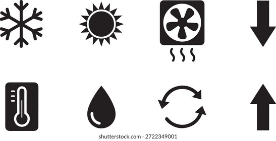 Un conjunto de 6 iconos de silueta de Vector para el control de Clima y temperatura, incluyendo copo de nieve, sol, ventilador, flecha, termómetro y gota de agua